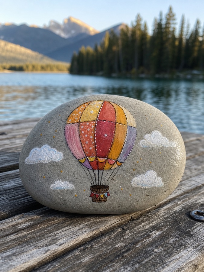 A painted hot air balloon stone by a lake