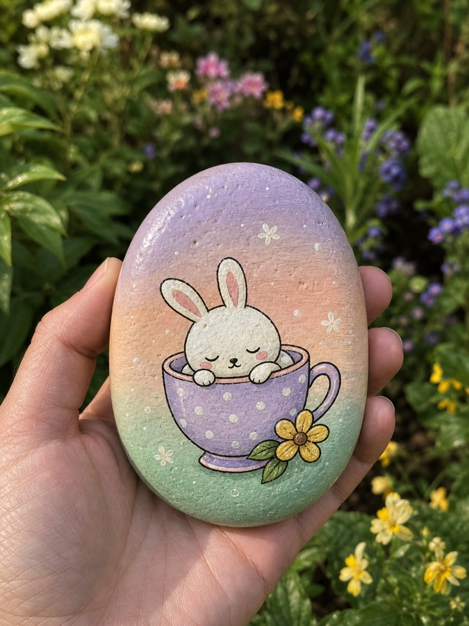 A painted bunny in a teacup stone