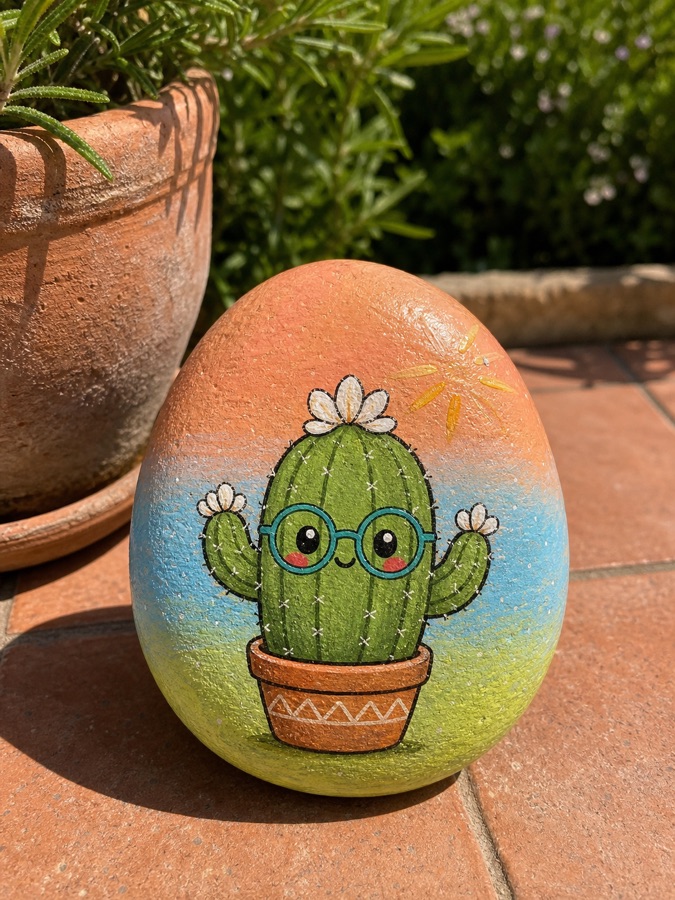 A painted cactus stone in the sun