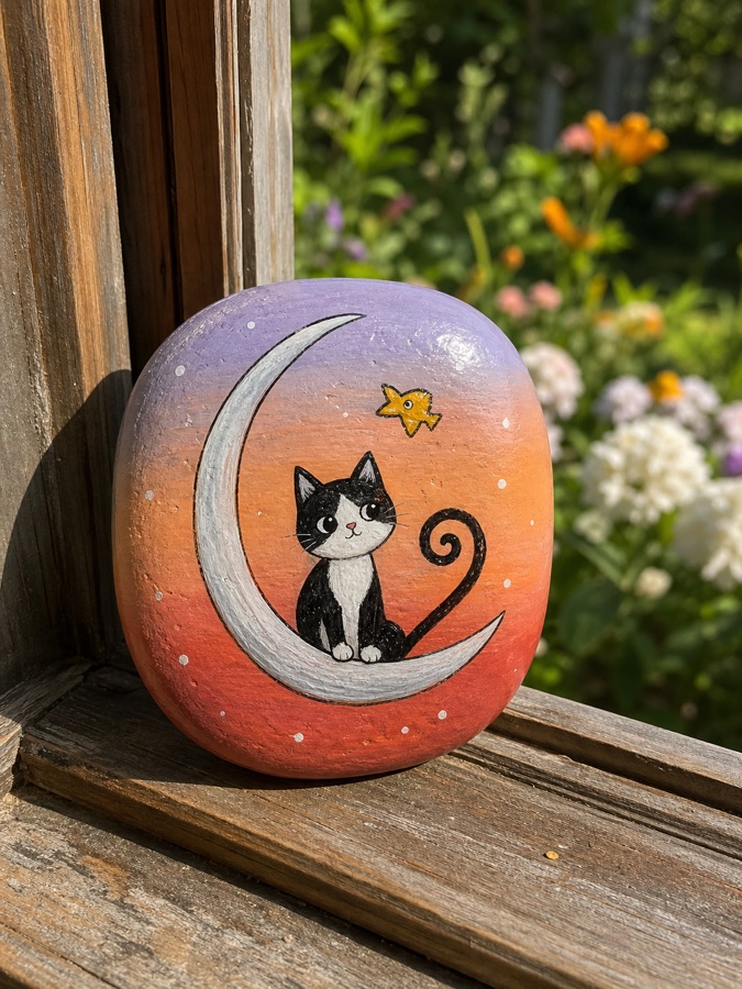 A painted cat on the moon stone