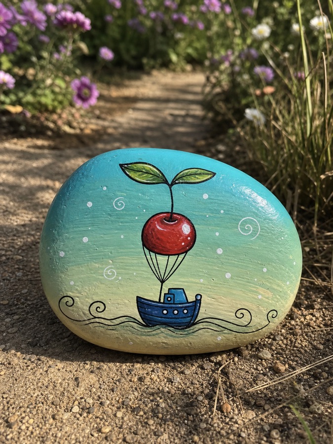 A painted cherry boat stone on a path