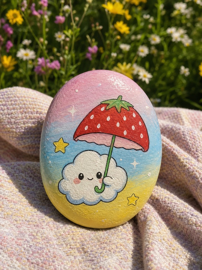A painted cloud stone with a strawberry umbrella