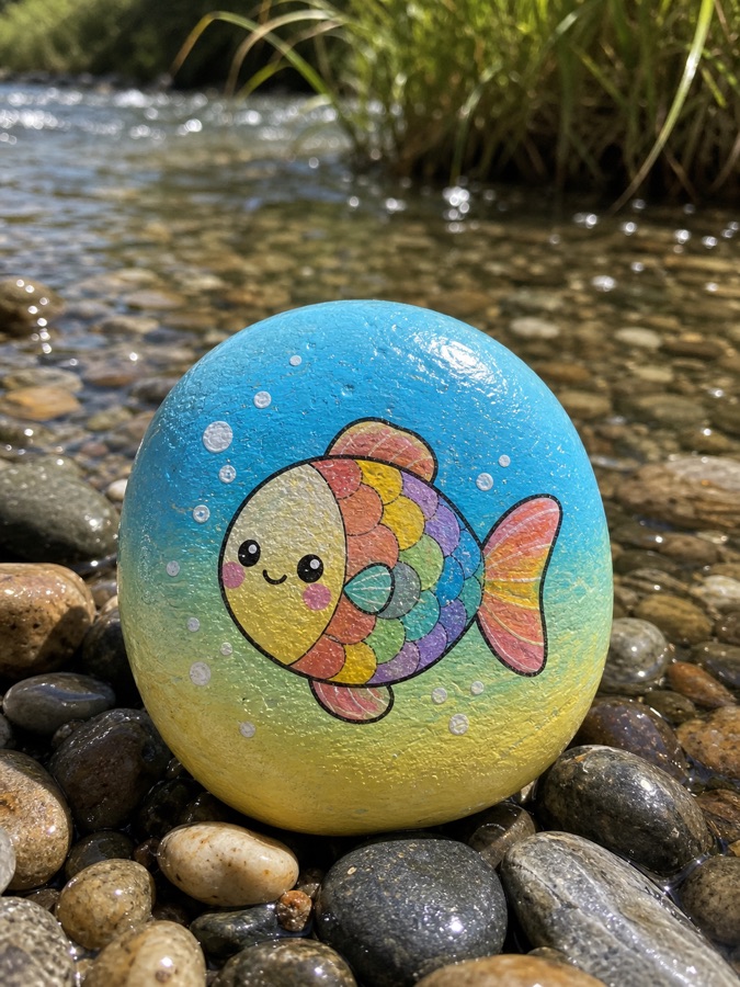 A painted rainbow fish stone by a stream