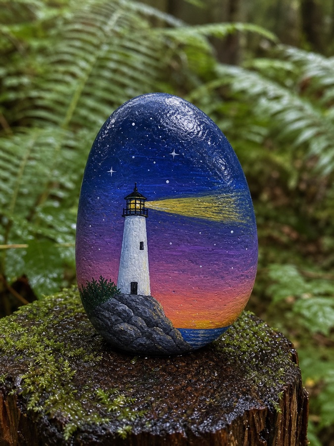 A painted lighthouse stone on moss