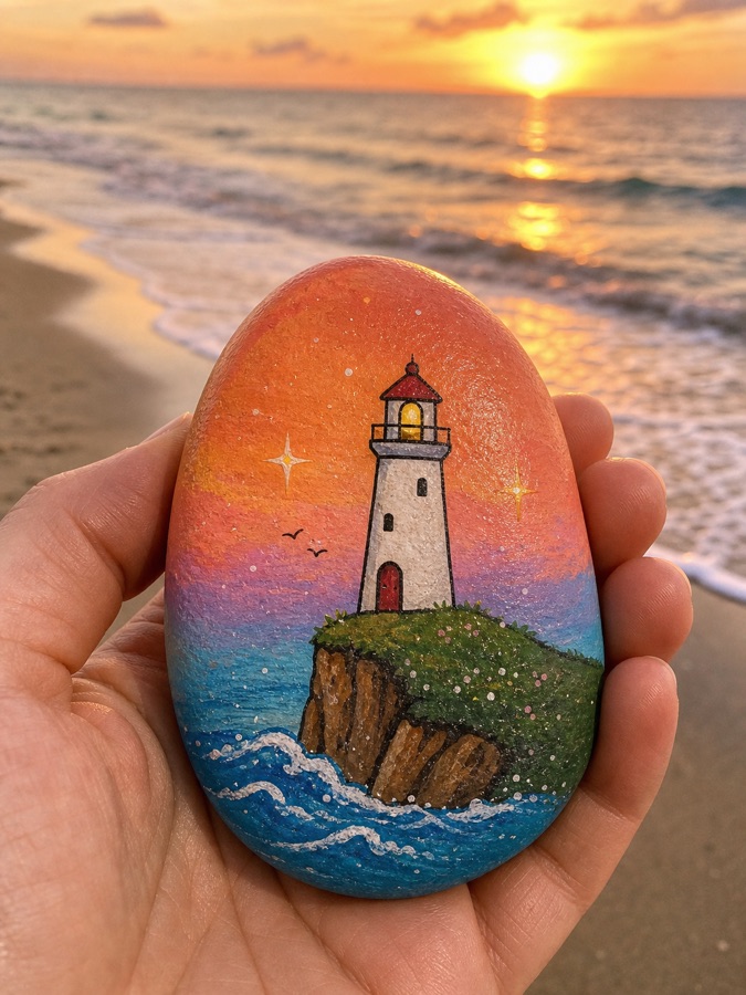 A painted lighthouse stone at sunset