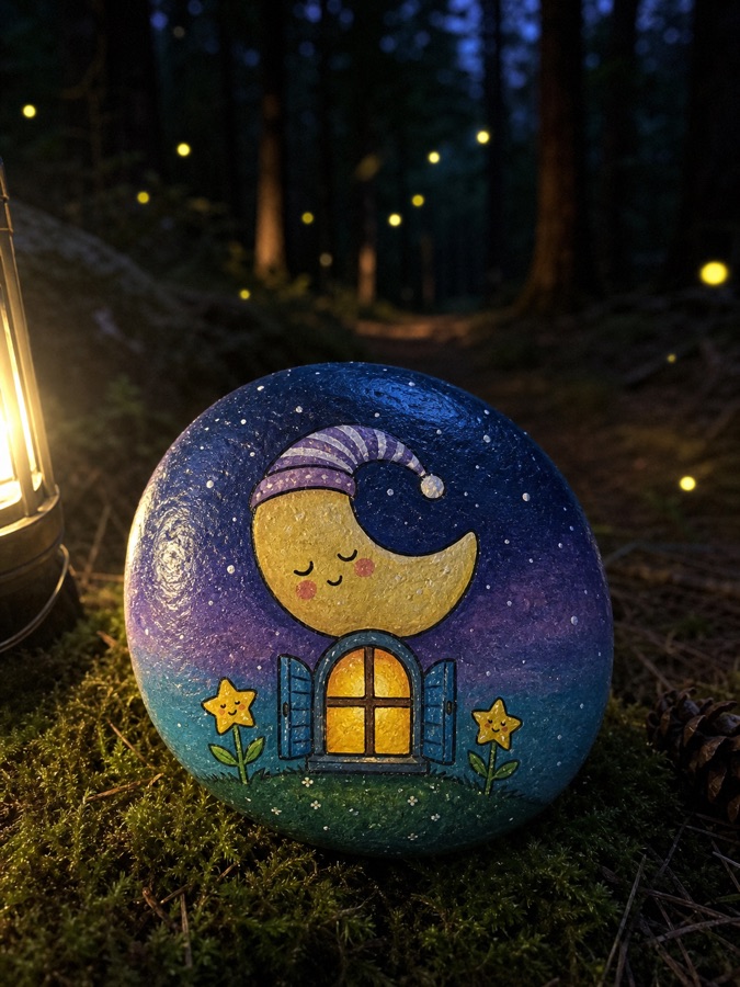 A painted moon house stone at night