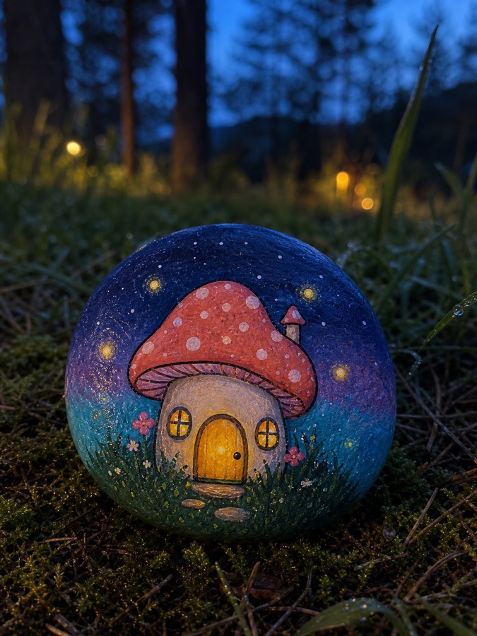 A painted mushroom house stone at night