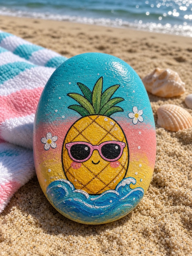 A painted pineapple stone on a beach