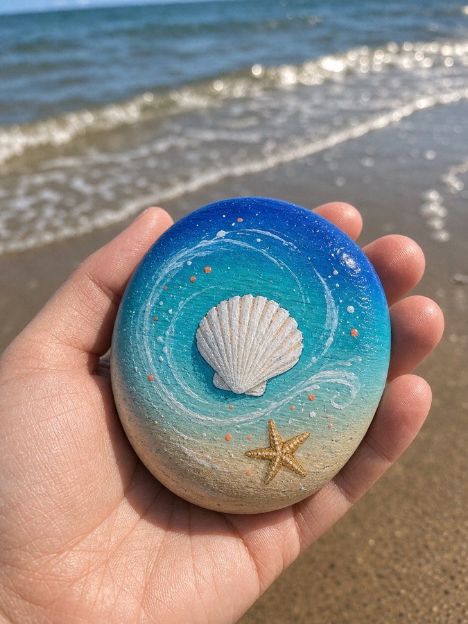 A painted seashell stone by the sea