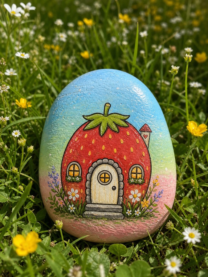 A painted strawberry house stone in grass