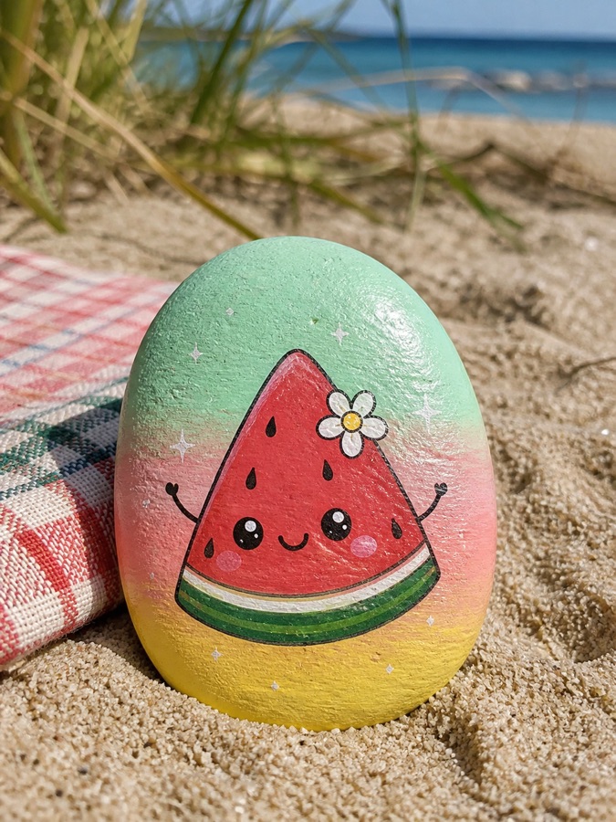 A painted watermelon stone on sand